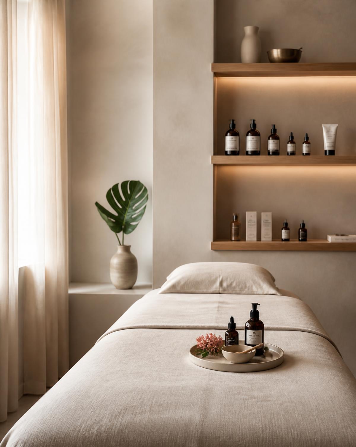 Cabine de soins de l'institut, tons crème et bois clair